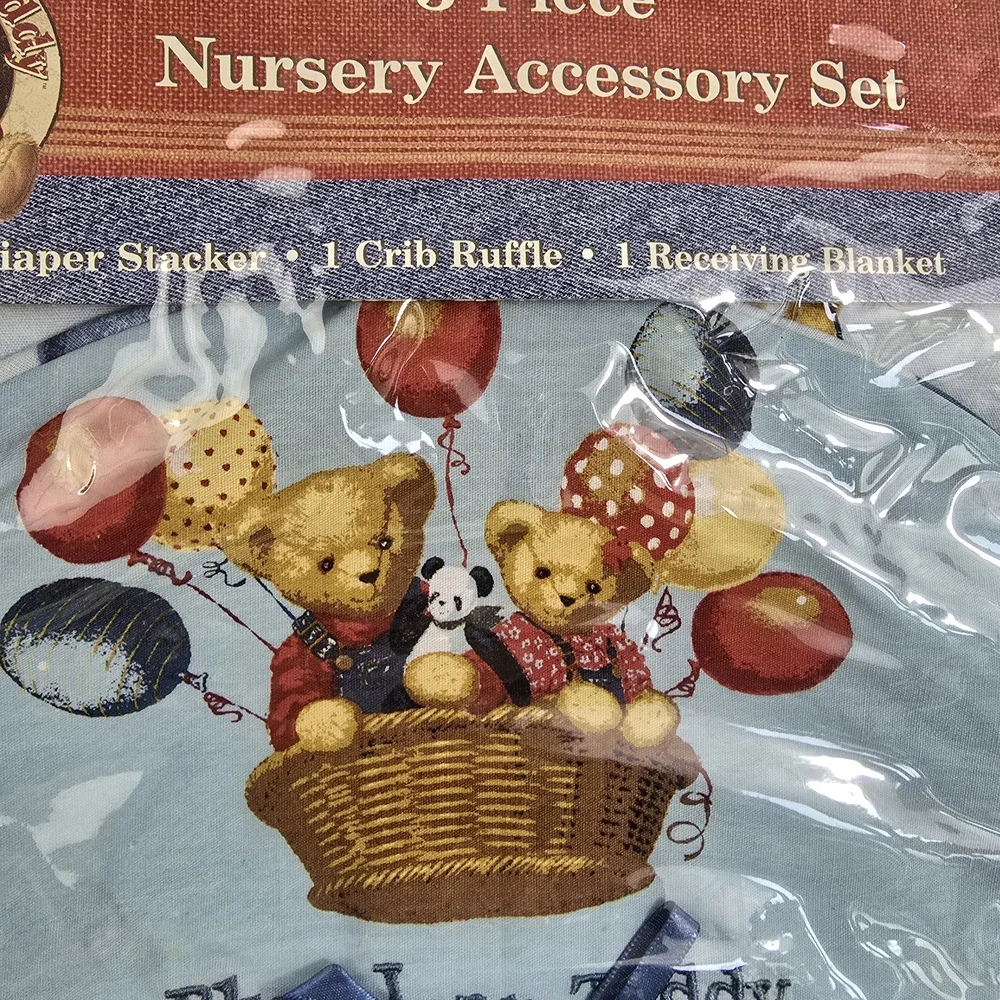 NWT NIP 3-Piece Nursery Accessory Set BLUE JEAN TEDDY CRIB RUFFLE + (Q4)